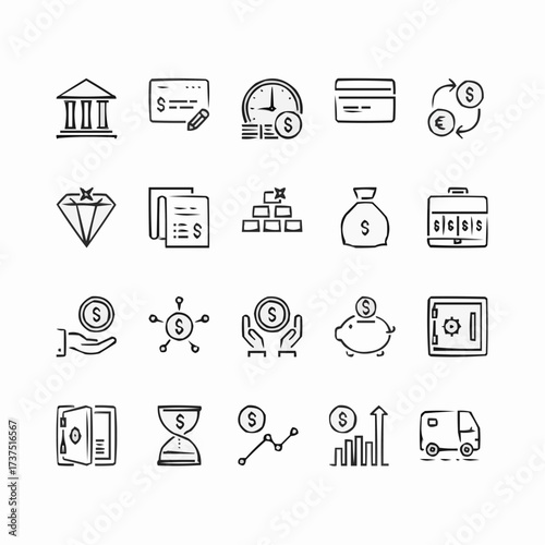 Financial Doodle Icons for Business and Investment Success, Featuring Banking, Savings, and Growth Elements in a Hand-Drawn Style
