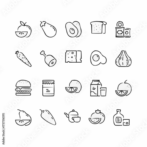 Whimsical food icons showcasing healthy eating choices and culinary delights, perfect for menus, recipes, and food blogs, vector graphics illustration