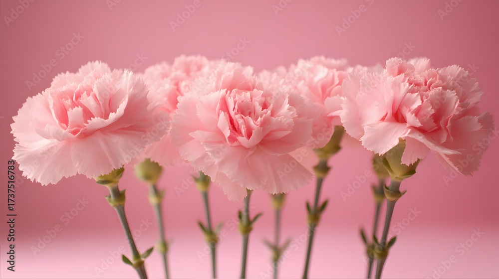 Obraz premium Delicate pink carnation flowers stand gracefully against a soft pastel pink background, their layered petals creating a sense of texture and depth in this vibrant floral arrangement, showcasing the...