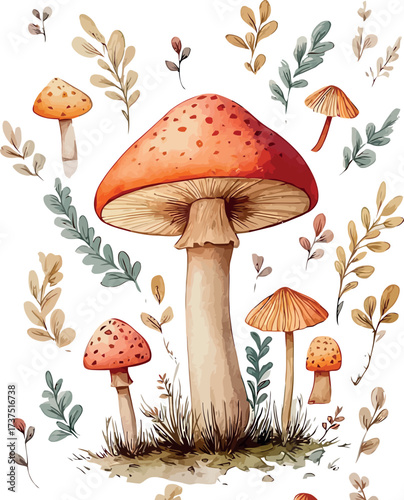 Beautiful watercolor mushroom with lush surrounding floral arrangements and whimsical greenery - vector illustration