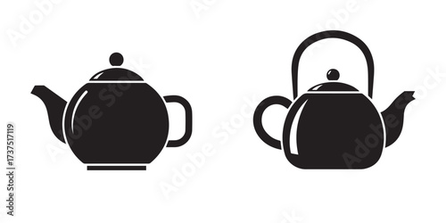 Stylized Black Teapot and Kettle Icons on White Background