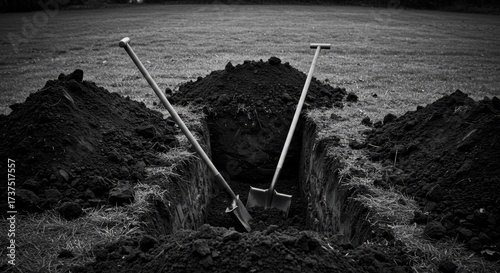 Mournful Earth: A stark, monochrome scene depicts an open grave, a shovel, and a spade, conveying a sense of loss and finality. The solemn atmosphere evokes deep reflection and respect.