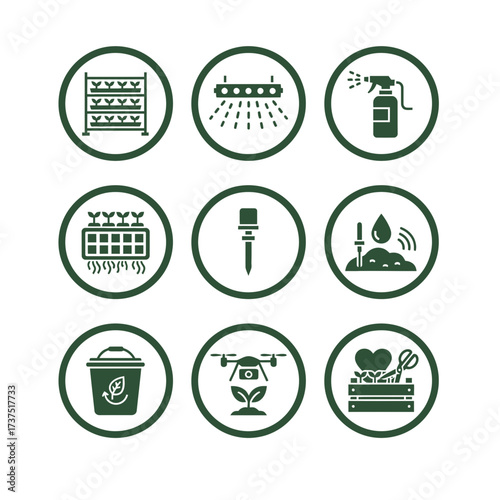 A collection of circular icons depicting various aspects of modern gardening and agriculture.