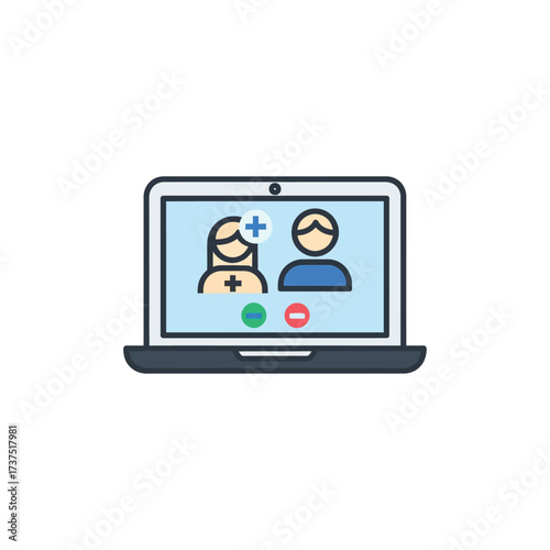 Laptop screen displaying a video call with a doctor and patient, representing telehealth.