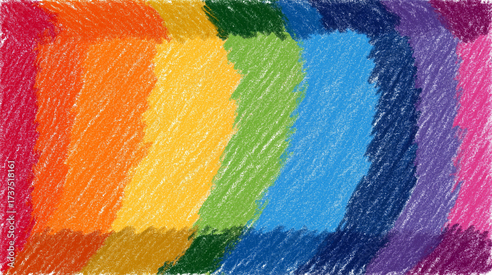 Obraz premium Bold crayon doodle rainbow frame around edges with central bright copy space, vibrant and playful kids’ design perfect for cheerful messages and invitations