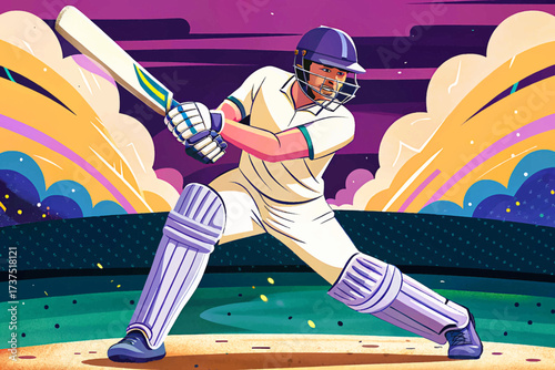 A skilled cricket player in an action stance gripping his bat, presented clearly on a plain isolated backdrop, created in premium detailed vector style, ideal for stock images, sports concepts