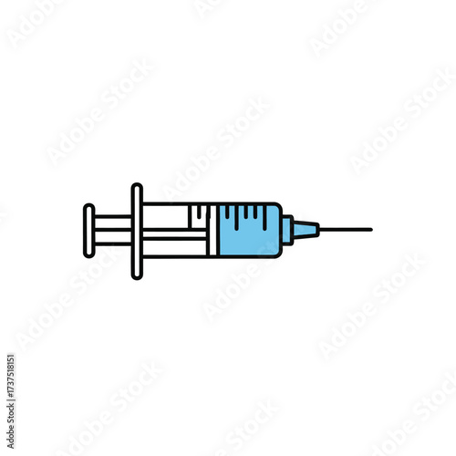 A simple illustration of a medical syringe, filled with blue liquid, ready for injection.