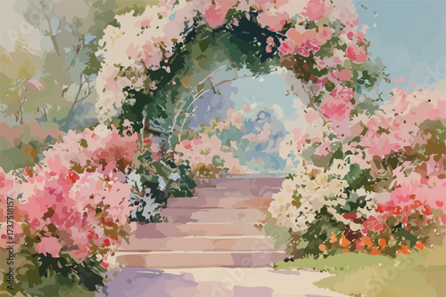 Watercolor illustration of a charming hill path leading to a floral archway with pink and white roses - vector illustration