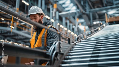 4k video of a worker with delivery packages and conveyor belt moving. 