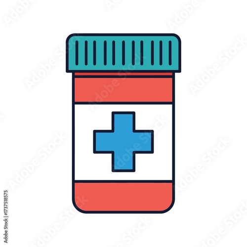 Vector flat line icon illustration of a medical pill bottle with a prominent blue cross symbol, representing health, pharmacy, and medication. Ideal for healthcare-related designs and concepts