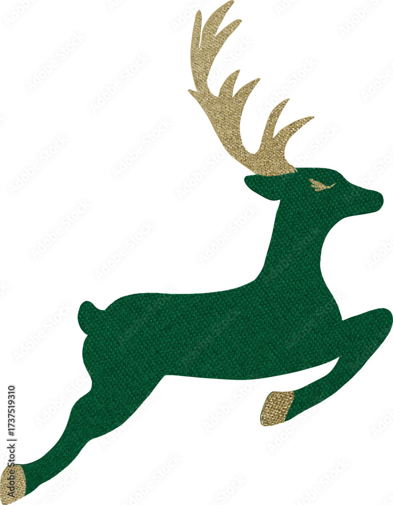 Obraz premium Vector watercolor illustration set of Christmas textile ornaments: reindeer, northern deer, with golden antlers in green fabric style.