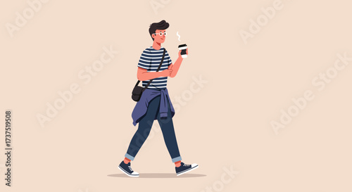 Man walking with coffee casual style and shoulder bag.
