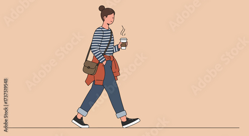 Woman Walking with Coffee Casual Style and Urban Lifestyle.