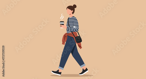 Woman Walking with Coffee Cup in Casual Outfit.