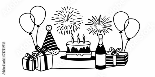 A birthday celebration with cake, gifts, balloons, party hat, champagne and fireworks in black and white on transparent background