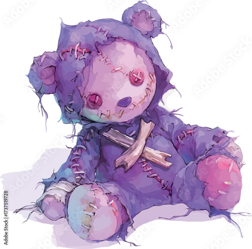 Watercolor illustration of a purple and pink Halloween voodoo doll with spooky charm details - vector illustration