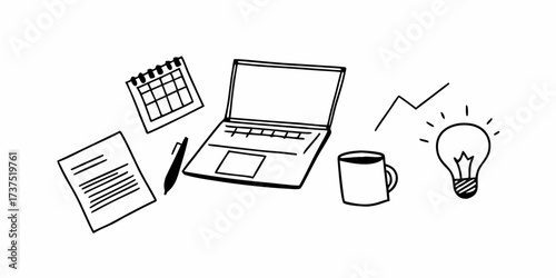 Doodle style workspace with laptop calendar coffee cup paper and lightbulb on a white background drawn in black on transparent background