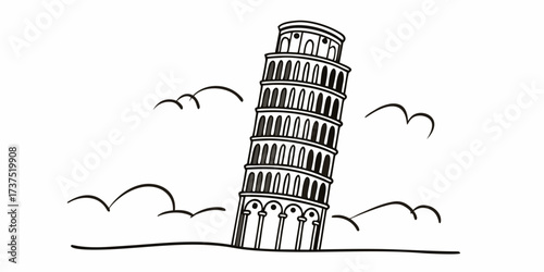 Illustration of the leaning tower of pisa with clouds in a simple black and white line drawing style on transparent background