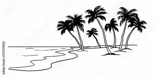 Silhouette drawing of a beach with palm trees and water waves in black and white simple line art style view on transparent background