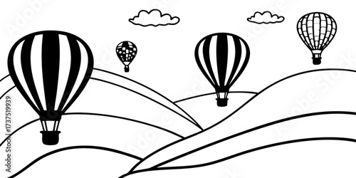 Illustration of hot air balloons floating over rolling hills with clouds in a simple black and white style on transparent background