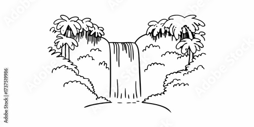 Illustration of a waterfall cascading down rocks surrounded by trees and bushes in a black and white drawing on transparent background