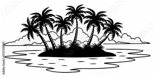 Silhouette of a tropical island with palm trees surrounded by water and clouds in a black and white drawing on transparent background