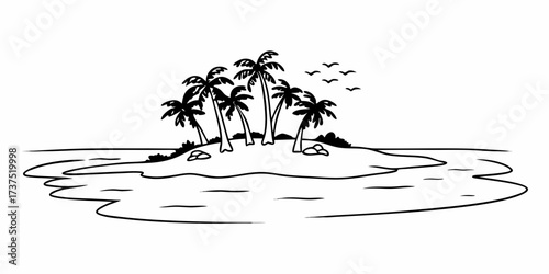 A black and white drawing of a tropical island with palm trees and birds flying in the distance view scene on transparent background