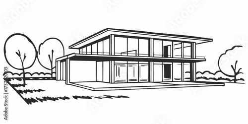 Illustration of a modern two story house with large windows and trees in the background drawn in black and white on transparent background