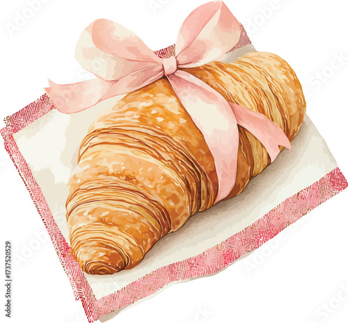 Watercolor painting of a single fluffy croissant resting on a surface with delicate golden layers - vector illustration