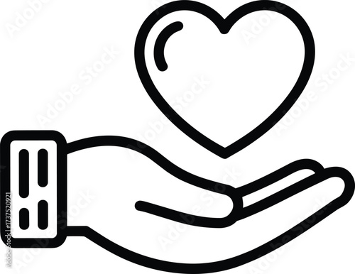 Hand holding heart icon vector, charity love symbol, support care concept, outline black line illustration, donation kindness flat design