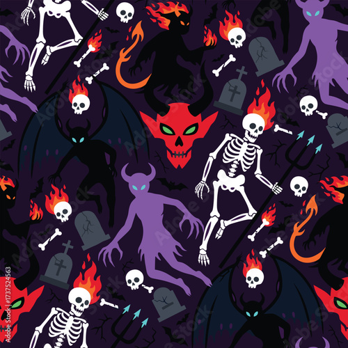 Spooky Halloween Seamless Pattern with Dark Gothic Demons - Horror Vector Background