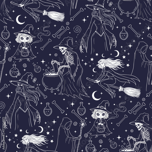 Spooky Halloween Seamless Pattern with Minimalist Monochrome Witch Granny Sketches - Vector Background