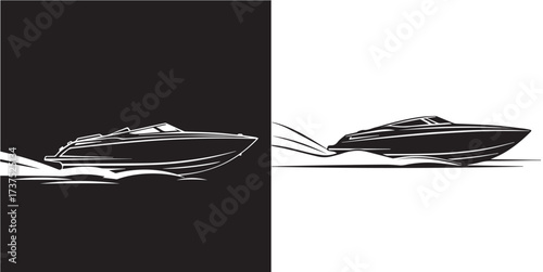 Sleek Speedboat Illustration Creating Waves, Monochrome Graphic Design