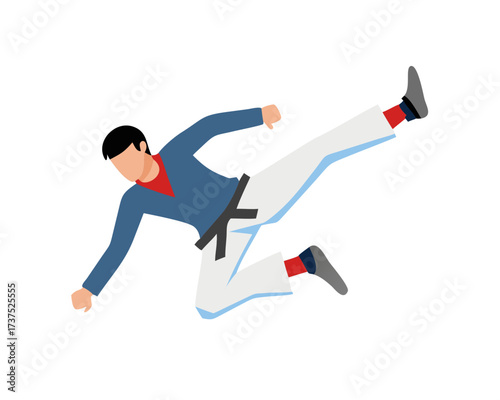 Male  Taekwondo athlete performing a mid air jump kick
