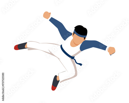 Male  Taekwondo athlete performing a mid air jump kick
