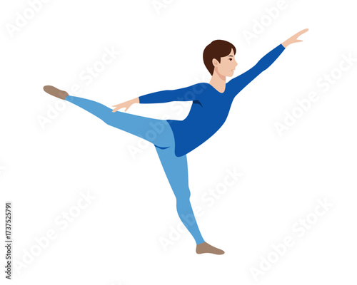 young male ballet dancer in blue costume extending legs