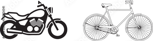 Stylized Motorcycle Silhouette and Classic Bicycle Outline Illustration