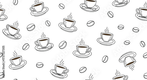 A charming collection of hand-drawn coffee cups and beans adorns this delightful pattern design.