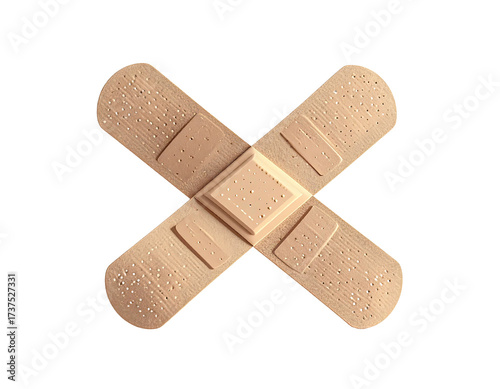 Two adhesive bandages crossed in an X formation, set against a black background