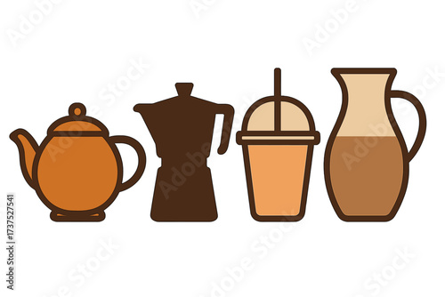 Warm beverages in different containers showcasing tea, coffee, and milk drinks in a cozy setting