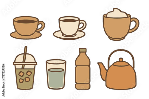 Collection of various beverages in simple flat design style showcasing coffee, tea, and refreshing drinks in warm colors