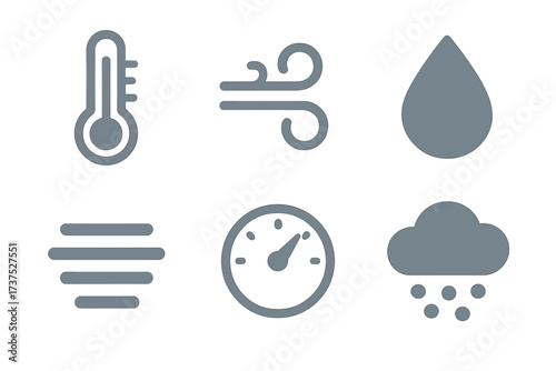 Set of weather condition icons including temperature, wind, humidity, fog, pressure, and rain