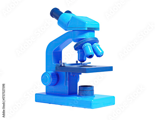 A vibrant blue microscope, rendered against a dark background, 3D illustration