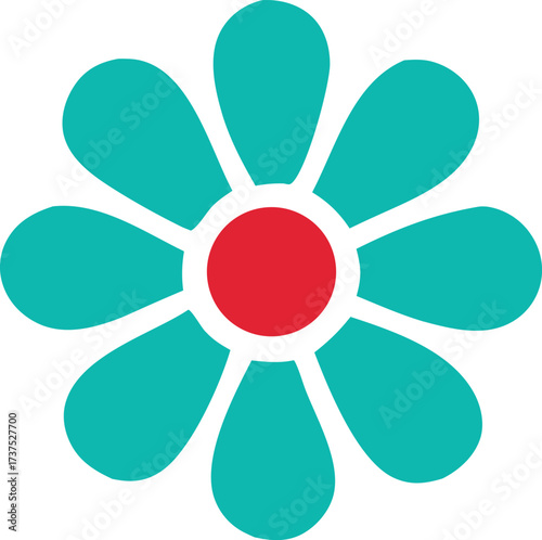 Vibrant teal flower with red center iconic symbol simple petals graphic nature inspired design