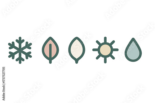 Set of weather and season icons including snowflake, leaves, sun, and water drop