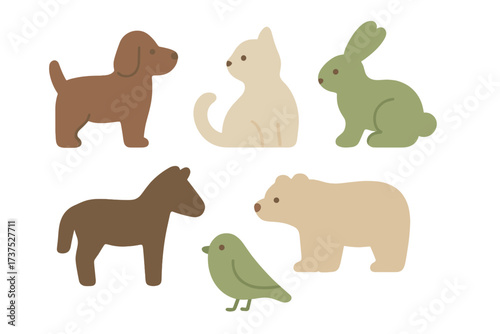 Cute cartoon animals including a dog, cat, rabbit, horse, bird, and bear in playful design for children's products
