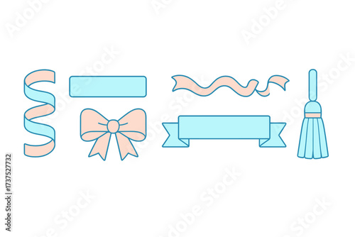 Collection of decorative ribbons, banners, bows, and a tassel in pastel colors
