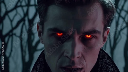  Close-up of a menacing vampire with glowing red eyes and a sinister expression in a dark, spooky forest at night.