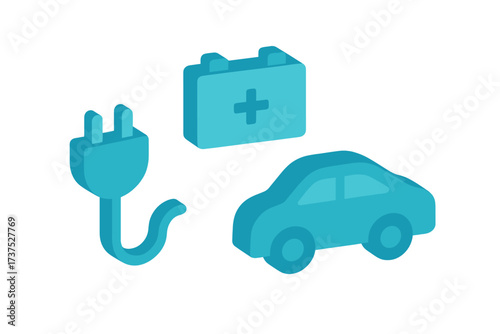 Modern electric car, battery, and charging plug representing sustainable energy