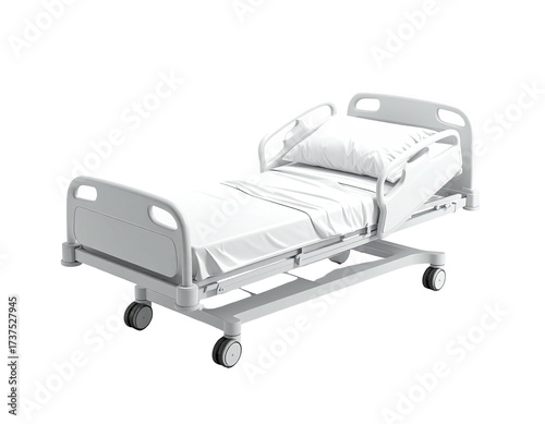 A hospital bed, white and pristine, with a pillow and linens, wheels visible